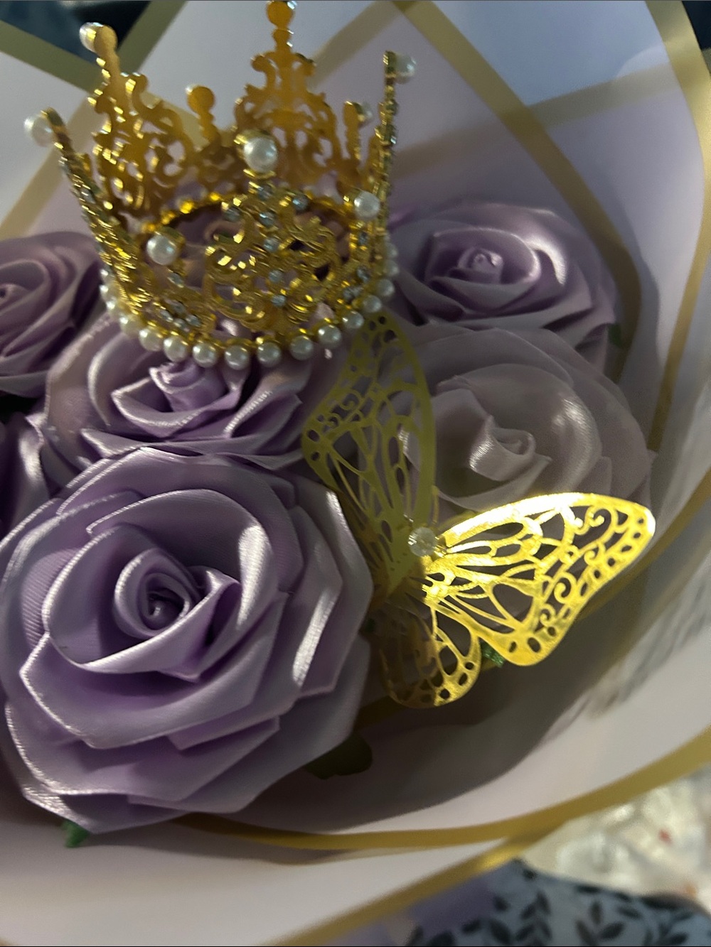 Hand Crafted Lavender Floral Crown with Gold and Pearl Accents - Picture 4 of 7